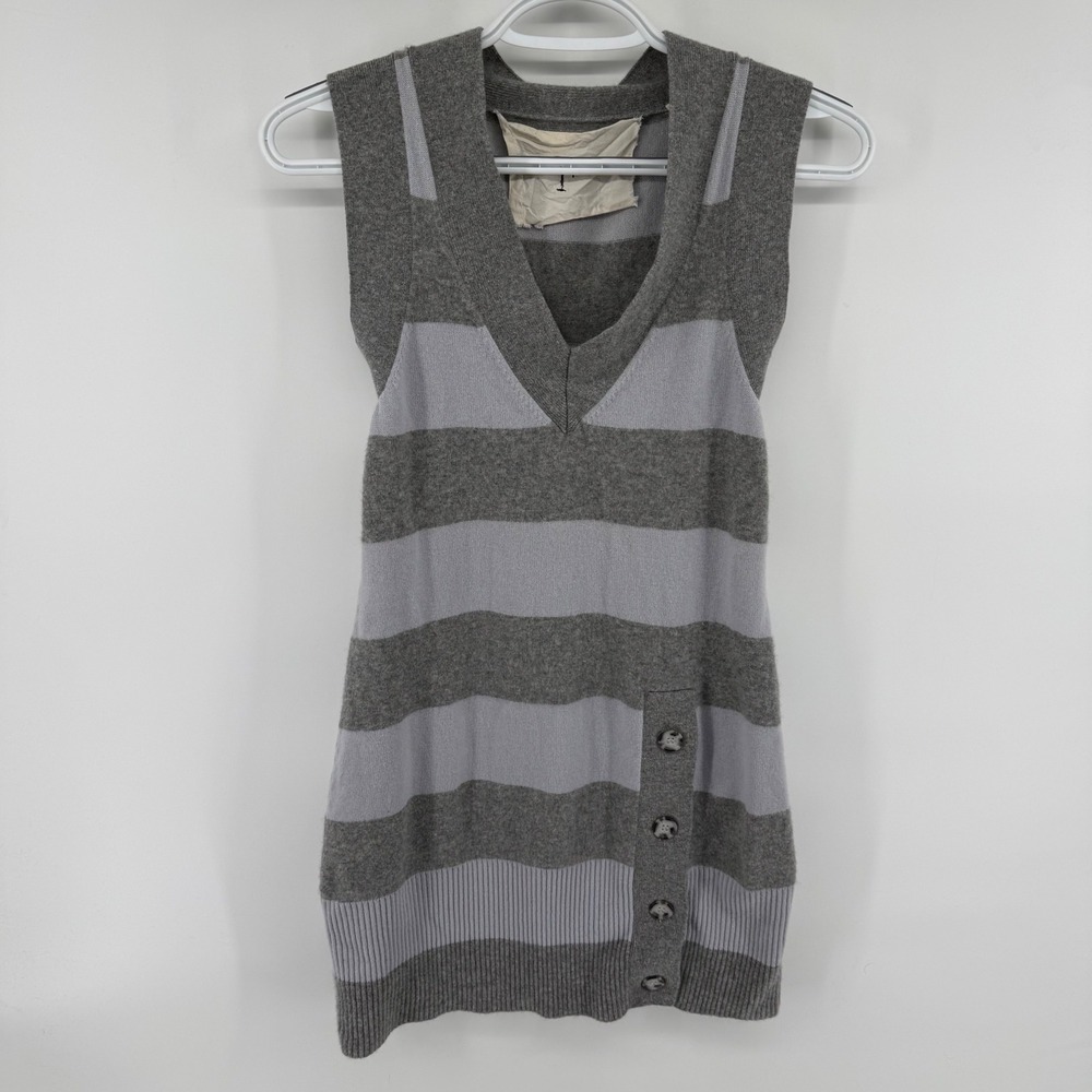 100% Cashmere Womens Y2K Style Striped Sleeveless V-Neck Sweater Dress Grey S